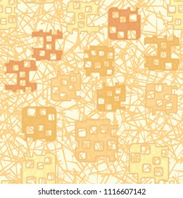Seamless abstract color pattern. Texture in camouflage style. Rounded squares with holes. In the background there is a chaos of straight lines.