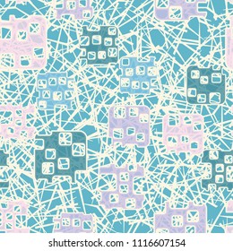 Seamless abstract color pattern. Texture in camouflage style. Rounded squares with holes. In the background there is a chaos of straight lines.