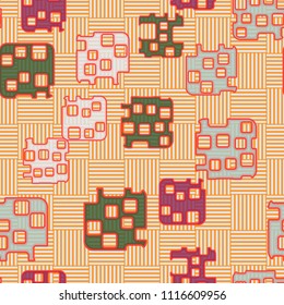 Seamless abstract color pattern. Texture in camouflage style. Rounded squares with holes. In the background is a chess cage made of mutually perpendicular segments.