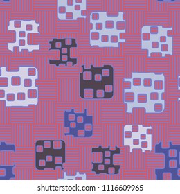 Seamless abstract color pattern. Texture in camouflage style. Rounded squares with holes. In the background is a chess cage made of mutually perpendicular segments.