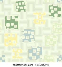 Seamless abstract color pattern. Texture in camouflage style. Rounded squares with holes. In the background is a chess cage made of mutually perpendicular segments.