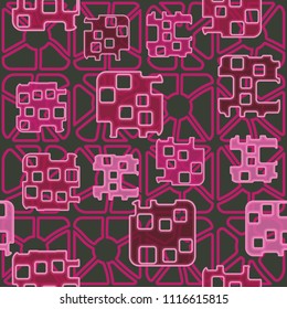 Seamless abstract color pattern. Texture in camouflage style. Rounded squares with holes. In the background, a grid composed of fragmented elements.