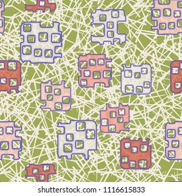 Seamless abstract color pattern. Texture in camouflage style. Rounded squares with holes. In the background there is a chaos of straight lines.