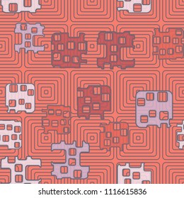 Seamless abstract color pattern. Texture in camouflage style. Rounded squares with holes. In the background, a grid composed of concentric elements.