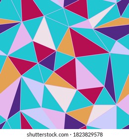 Seamless abstract color polygonal pattern. Pink, yellow, purple line triangles on blue background. Vector mosaic geometric illustration for wallpaper, packaging, fabric, wrapping paper. Copy space