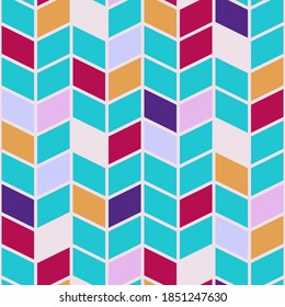Patrón de mosaico de color abstracto sin inconvenientes. Cuadrícula rosa, amarilla, de línea morada sobre fondo azul. Ilustración geométrica de mosaico brillante vectorial para papel de pared, embalaje, tela, papel de envoltura. Copiar espacio