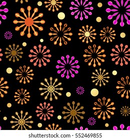 Seamless Abstract colored flowers on black background