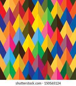 seamless abstract colorful background of cones or triangle shapes- vector graphic. This illustration consists of repetitive shapes in various hues & colors like yellow,orange,red,green,pink,blue,brown