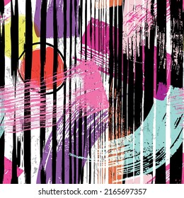 seamless abstract colorful background pattern, with vertical lines, circles, paint strokes and splashes 