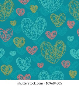 Seamless abstract colorful bright pattern with decorative stylized hearts. Template illustrated background for design card, cover, textile