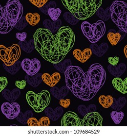 Seamless abstract colorful bright pattern with decorative hearts. Template illustrated background for design card, cover, textile