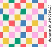 Seamless abstract colorful checkered multi-colored pattern on a light background, hand-drawn chess pattern