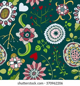 Seamless abstract colorful flowers pattern on green backdrop