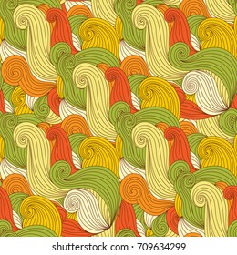Seamless abstract colorful hand-drawn pattern, waves background. Curly stripes. 