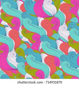 Seamless abstract colorful hand-drawn pattern, waves background. Curly stripes. 