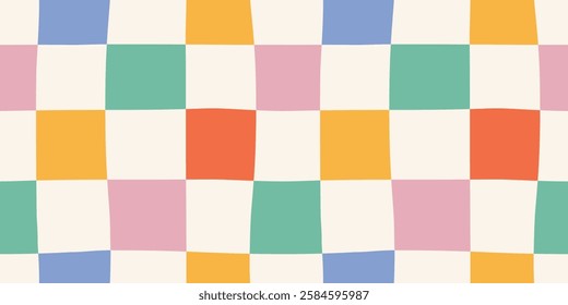 Seamless abstract colorful large checkered pattern on light background, multicolored checkered pattern, simple hand drawn illustration, flat style