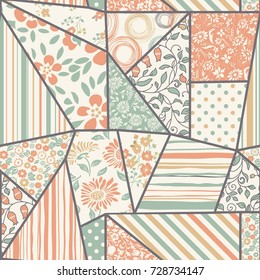 Seamless abstract colorful patchwork with flowers, polka dot, stripe pattern. Hand drawn pattern in orange, green and beige colors. Vector illustration