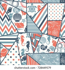 Seamless abstract colorful patchwork in marine style. Hand drawn pattern. Vector illustration