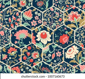 Seamless abstract colorful patchwork pattern from flowers in folk style. Vintage decorative elements. Hand drawn background in retro colors. Vector illustration