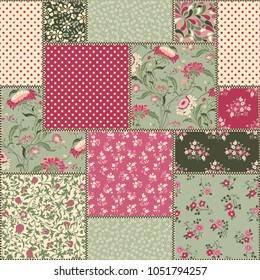 Seamless abstract colorful patchwork pattern from flowers in folk style. Shabby chic. Vintage hand made quilt. Hand drawn background in retro colors. Vector illustration