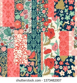 Seamless abstract colorful patchwork pattern from flowers on damask background. Vintage decorative elements. Floral Collage in retro colors. Freehand drawing. Vector illustration