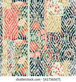 Seamless abstract colorful patchwork pattern from flowers on damask background. Vintage decorative elements. Floral Collage in retro colors. Freehand drawing. Vector illustration