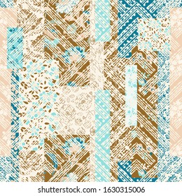 Seamless abstract colorful patchwork pattern from flowers on damask background. Vintage decorative elements. Floral Collage in retro colors. Freehand drawing. Vector illustration