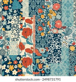 Seamless abstract colorful patchwork pattern from flowers in folk style. Shabby chic. Vintage hand made quilt. Hand drawn background in retro colors. Vector illustration