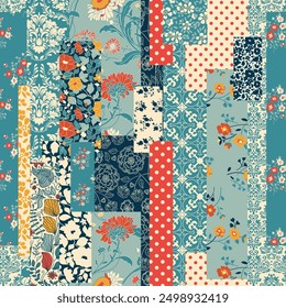 Motif harmonieux de patchwork coloré abstrait de fleurs dans un style folk. Shabby chic. Vintage couette faite main. Arrière-plan dessiné à la main dans des couleurs vives. Illustration vectorielle