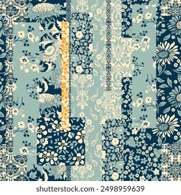 Seamless abstract colorful patchwork pattern from flowers in folk style. Shabby chic. Vintage hand made quilt. Hand drawn background in retro colors. Vector illustration