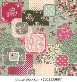 Seamless abstract colorful patchwork pattern from flowers in folk style. Shabby chic. Vintage hand made quilt. Hand drawn background in bright colors. Vector illustration