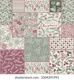 Seamless abstract colorful patchwork pattern  in Christmas style. Shabby chic. Vintage hand made quilt. Merry Christmas, Happy New Year greeting card, wrapping paper. Vector illustration