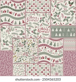 Seamless abstract colorful patchwork pattern  in Christmas style. Shabby chic. Vintage hand made quilt. Merry Christmas, Happy New Year greeting card, wrapping paper. Vector illustration