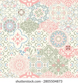 Seamless abstract colorful patchwork pattern Vintage hand made quilt. Hand drawn background in pastel colors. Portuguese and Spain decor. Gaudi mosaic. Ceramic tile in talavera style. Vector illustration
