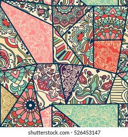 Seamless abstract colorful patchwork pattern. Vintage decorative elements. Hand drawn background in retro colors. Vector illustration.