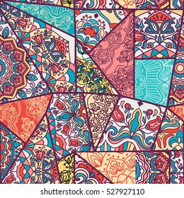 Seamless abstract colorful patchwork pattern. Vintage decorative elements. Hand drawn background in retro colors. Vector illustration.