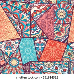 Seamless abstract colorful patchwork pattern. Vintage decorative elements. Hand drawn background in retro colors. Vector illustration