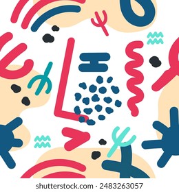 Nahtlose abstrakte bunte Muster mit Blau, Rot, Minze verschiedenen Formen. Vektorgrafik Textur Kunst. Vektorgrafik Digitaldarstellung. Abstrahierte Abbildung