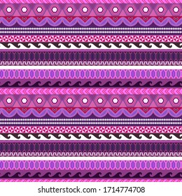 Seamless abstract colorful pattern in boho style, vector. background with horizontal ornaments and lines. Pattern in pink and purple colors. Tribal patterns template