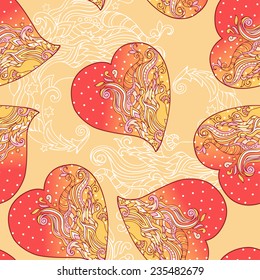 Seamless abstract colorful pattern with doodle hearts. Can be used for cards, invitations, fabrics, wallpapers, scrap-booking, ornamental template for design and decoration, etc