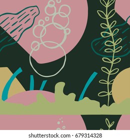 The seamless abstract colorful pattern with fantasy landscape. Hand drawn overlapping nature background for your design.Textile, blog decoration, banner, poster, wrapping paper.