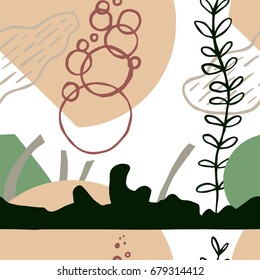 The seamless abstract colorful pattern with fantasy landscape. Hand drawn overlapping nature background for your design.Textile, blog decoration, banner, poster, wrapping paper.