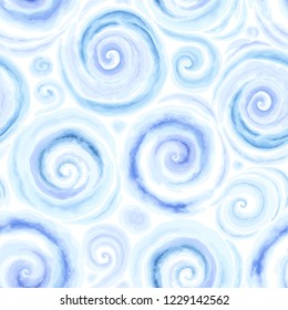 Seamless abstract colorful pattern with swirls on white background. Vector illustration blue, turquoise and purple colors in vintage watercolor style.
