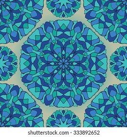 Seamless, abstract, colorful pattern. Template for tile, mosaic, carpet, shawl. Oriental bright ornament in blue tones.