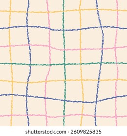 Seamless abstract colorful pattern of thin multicolored curved checkered lines on light background, pencil, chalk, charcoal effect; simple cute hand drawn illustration, drawing, flat style	