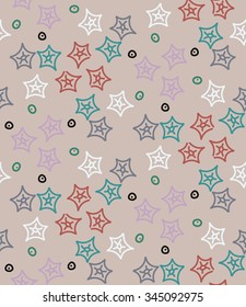 Seamless abstract colorful pattern. Vector illustration with hand drawn doodle stars, circles and dots of different colors on rose quartz background.