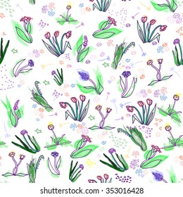 Seamless abstract colorful pattern. Vector illustration with hand drawn doodle flowers, circles and dots of different colors on white background.