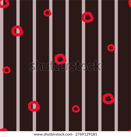 Seamless abstract colorful stripes pattern with red circles on  brown background. Vertical stripes. Vector pattern