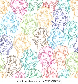 Seamless abstract colorful vector pattern with cute girls faces.  can be used for fabrics, wallpapers, scrap-booking, etc. 