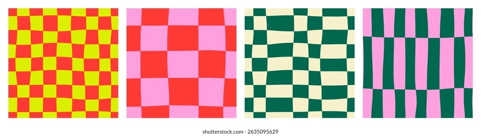 Seamless abstract contemporary colorful minimal bright set of checkered, striped and chess patterns on light background; red, pink, green colors; simple hand drawn vector illustration, flat style